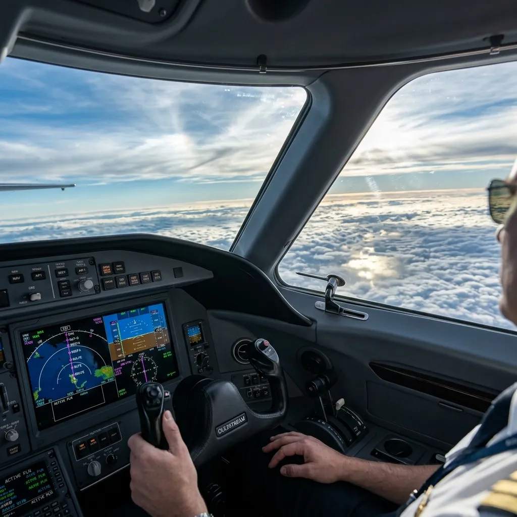 Business jet cruising at altitude above cloud layers with a long-range navigation display overlay