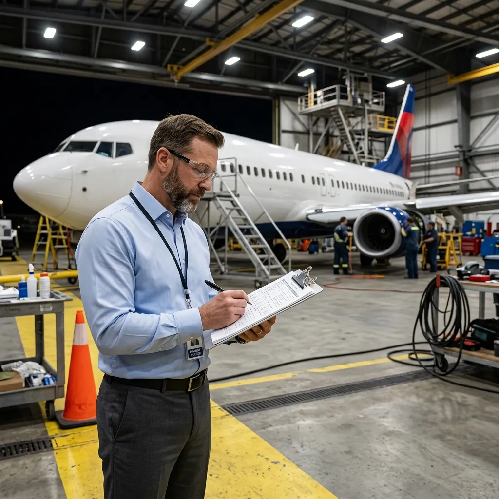 Aviation safety auditor reviewing documentation in hangar