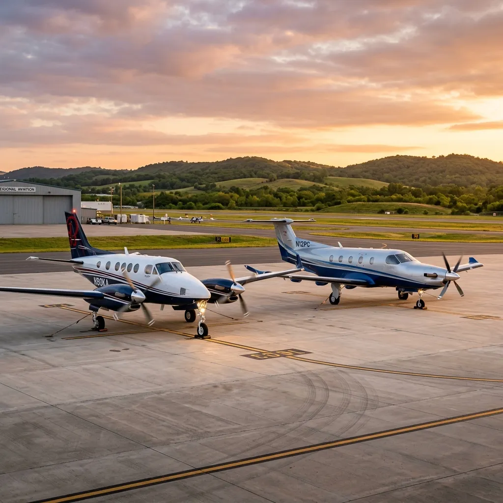 Beechcraft King Air C90 turboprop parked beside a Pilatus PC-12 on a regional airport ramp