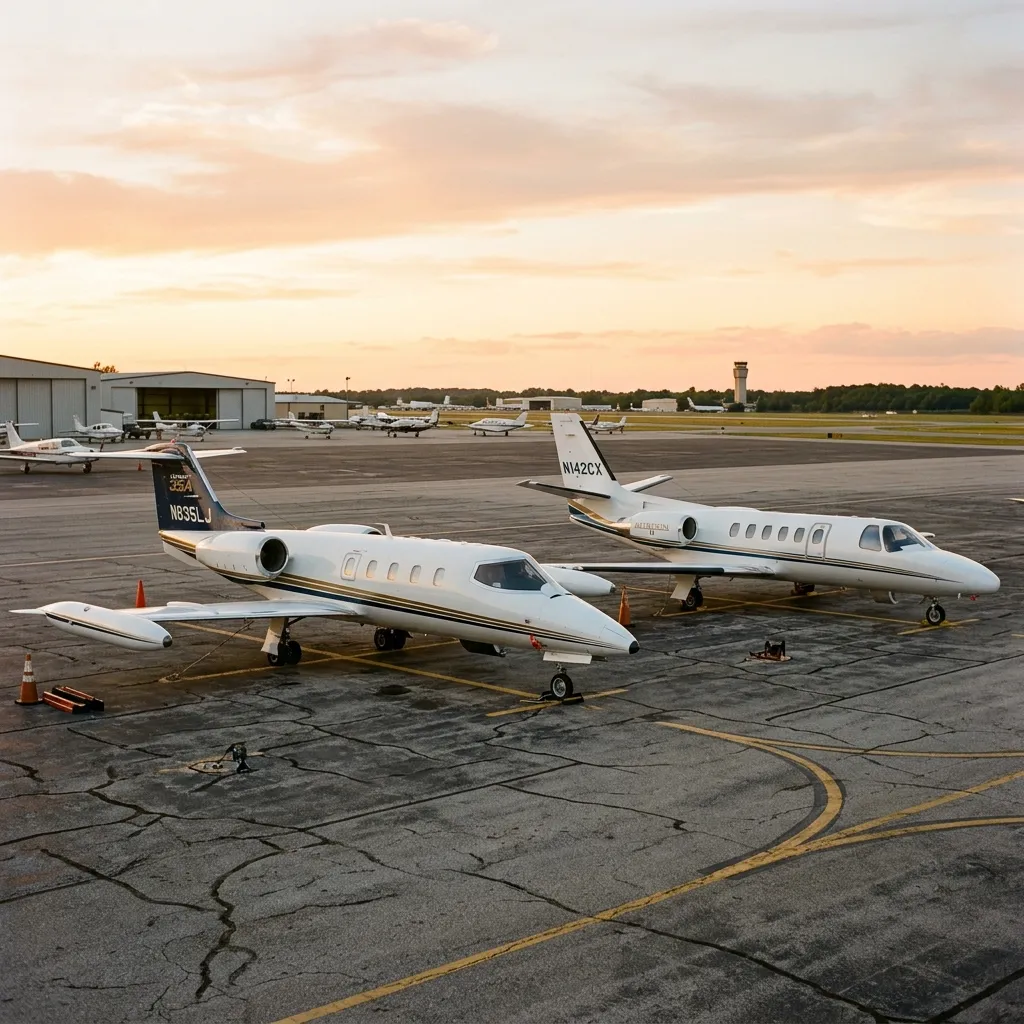 Learjet 35A and Cessna Citation II parked side by side on a vintage airport ramp in golden light