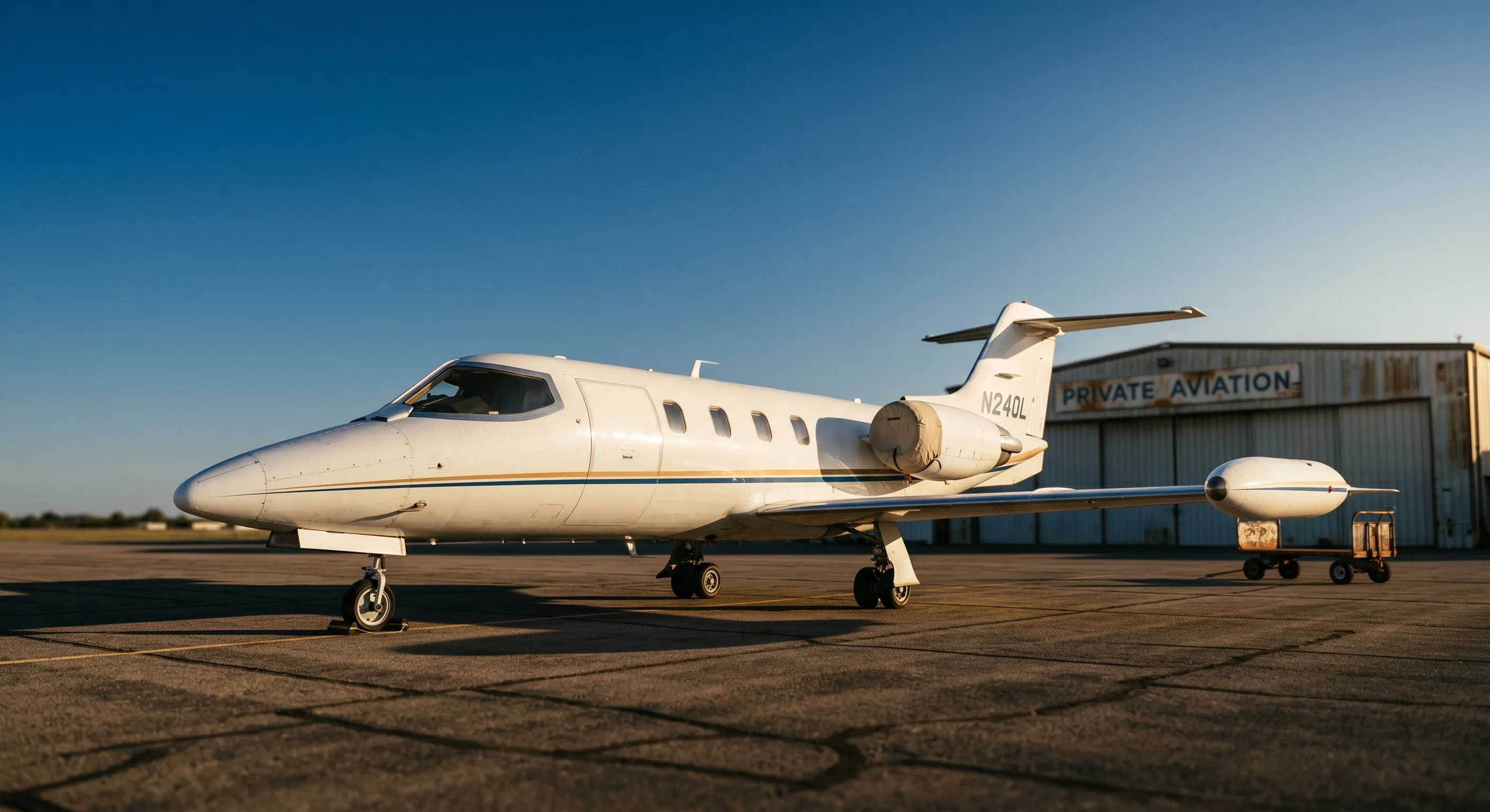 Classic Learjet 35A parked on a quiet ramp with a sunset sky, representing the aging Learjet fleet