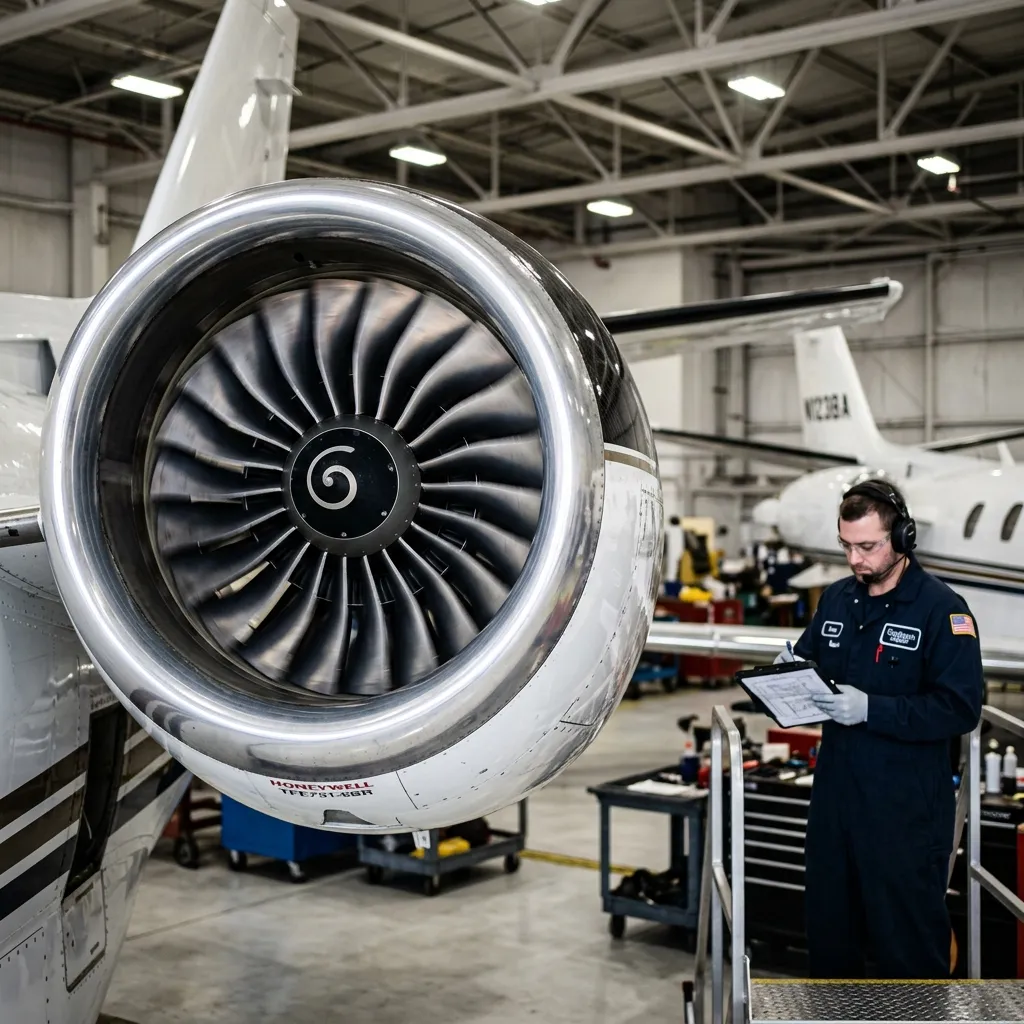 Close-up of a turbofan engine on a business jet with the intake cowling visible and maintenance personnel nearby