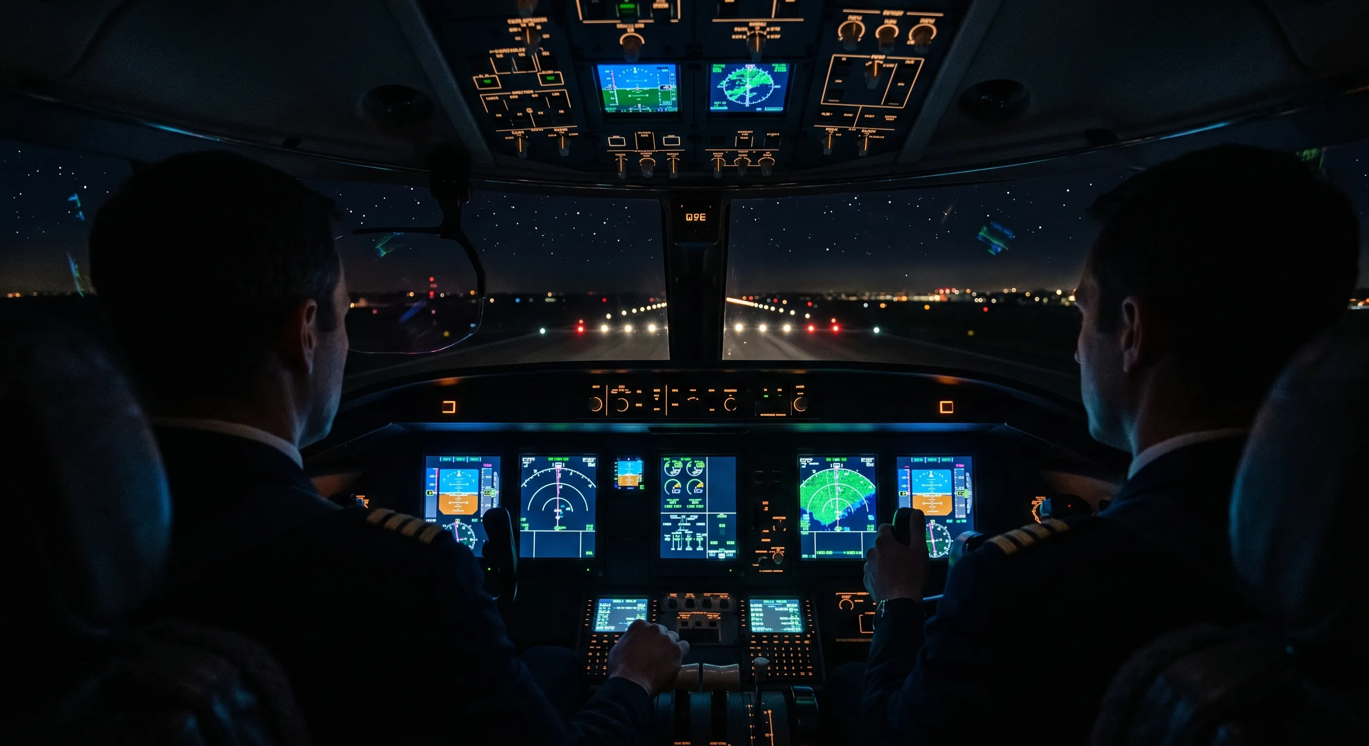 Business jet cockpit at night with illuminated instruments and runway approach lights visible ahead