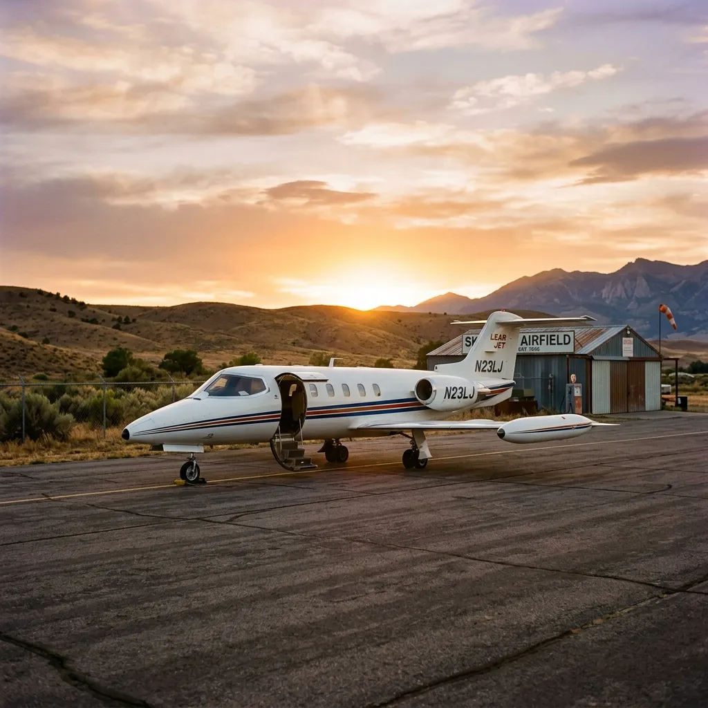 Classic Learjet 25 on a tarmac with vintage general aviation hangars in the background