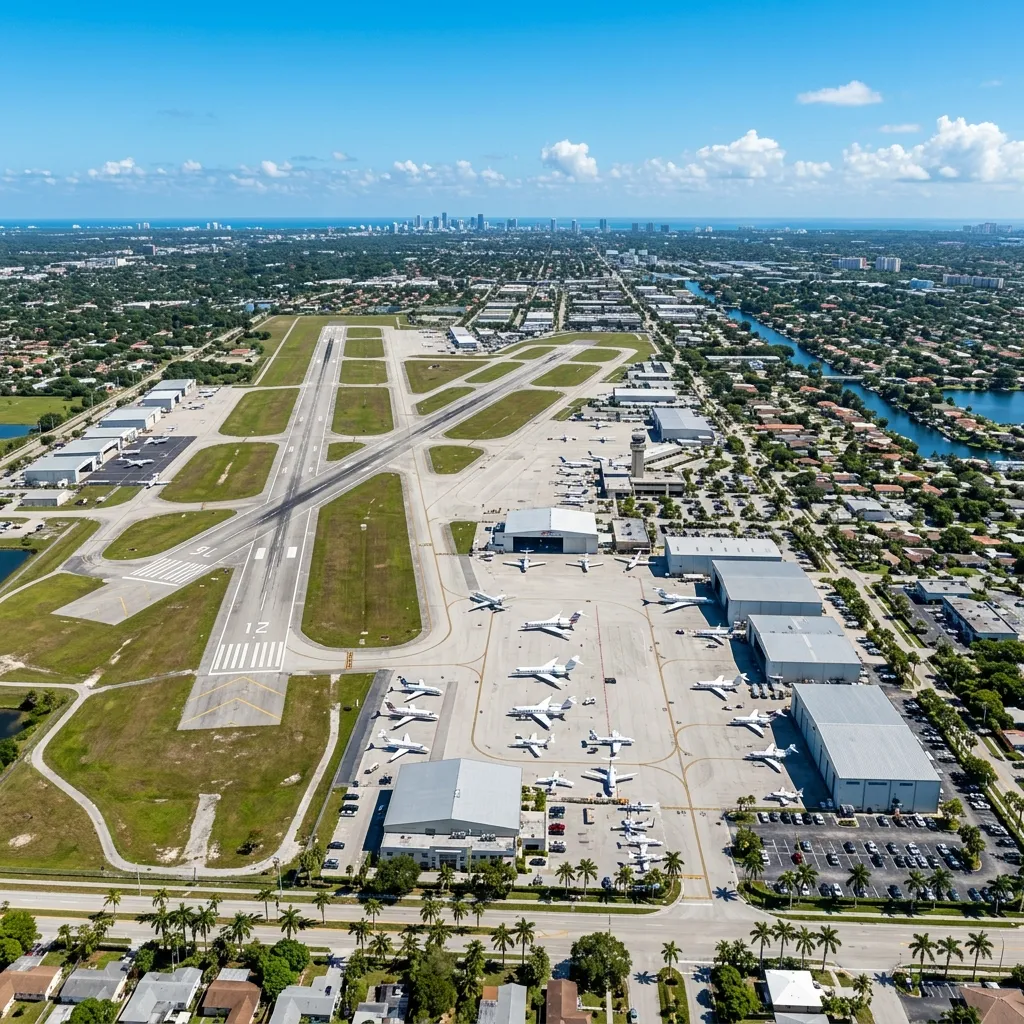Aerial view of Opa-locka Executive Airport showing multiple runways and FBO ramp with business jets
