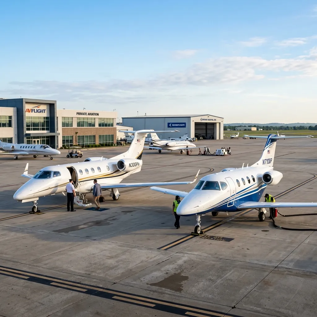 Embraer Phenom 300 and Beechcraft Premier I light business jets on an airport ramp