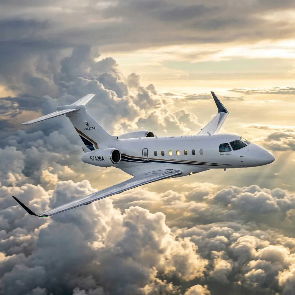Embraer Praetor 600 business jet in flight over cloudy landscape showing its distinctive winglet design