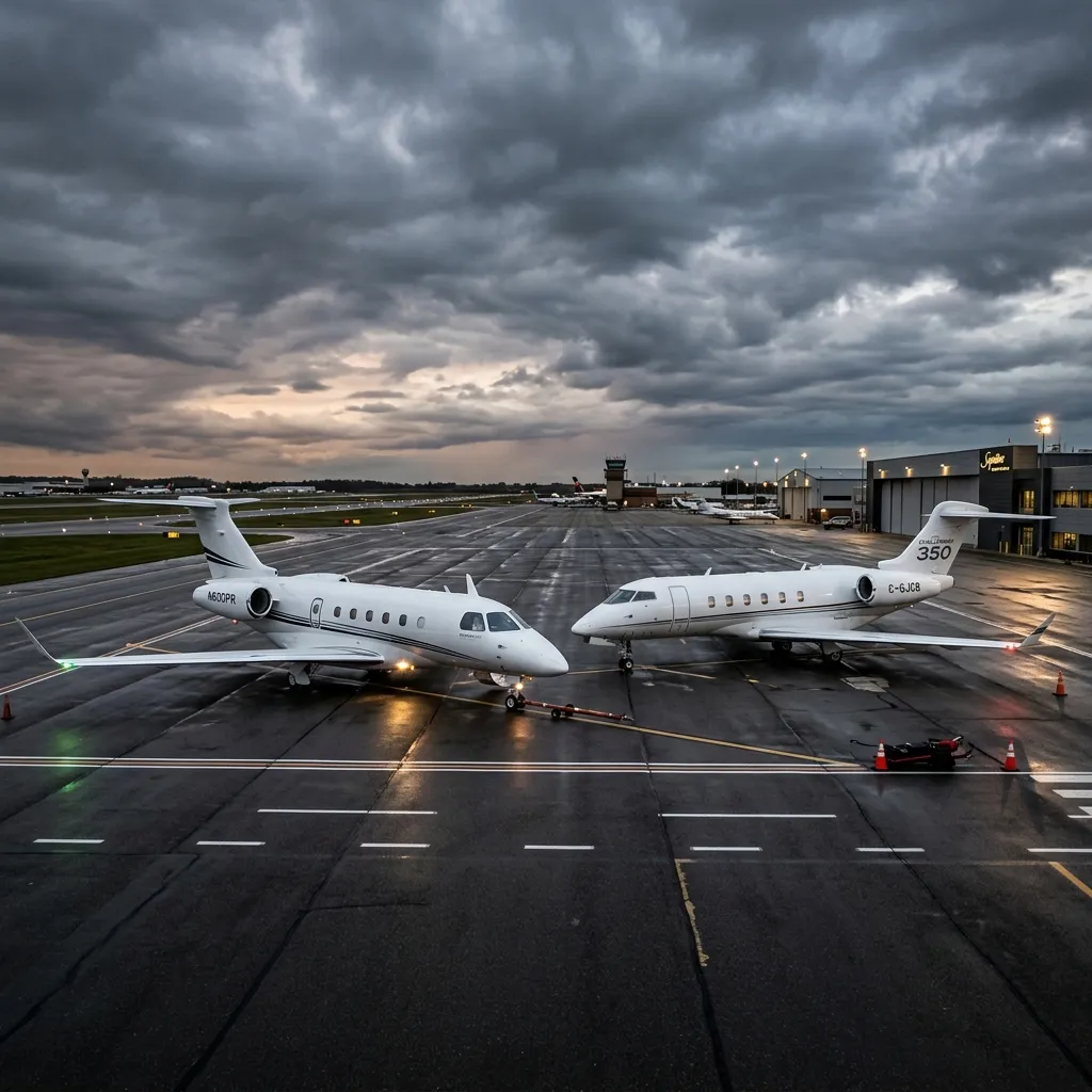 An Embraer Praetor 600 and Bombardier Challenger 350 parked side by side on a private ramp
