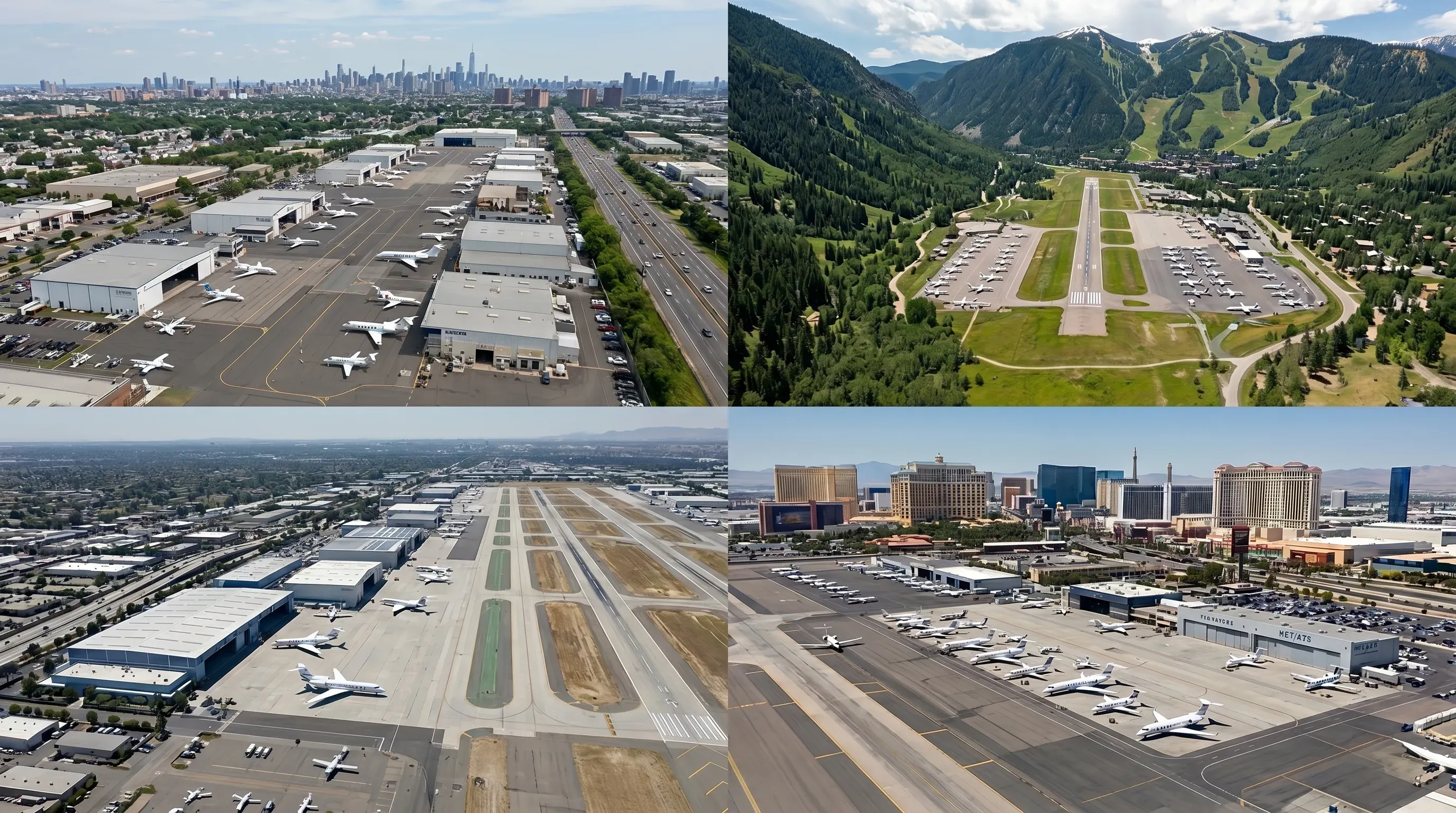 Aerial view of a general aviation airport with multiple private jets parked on the ramp
