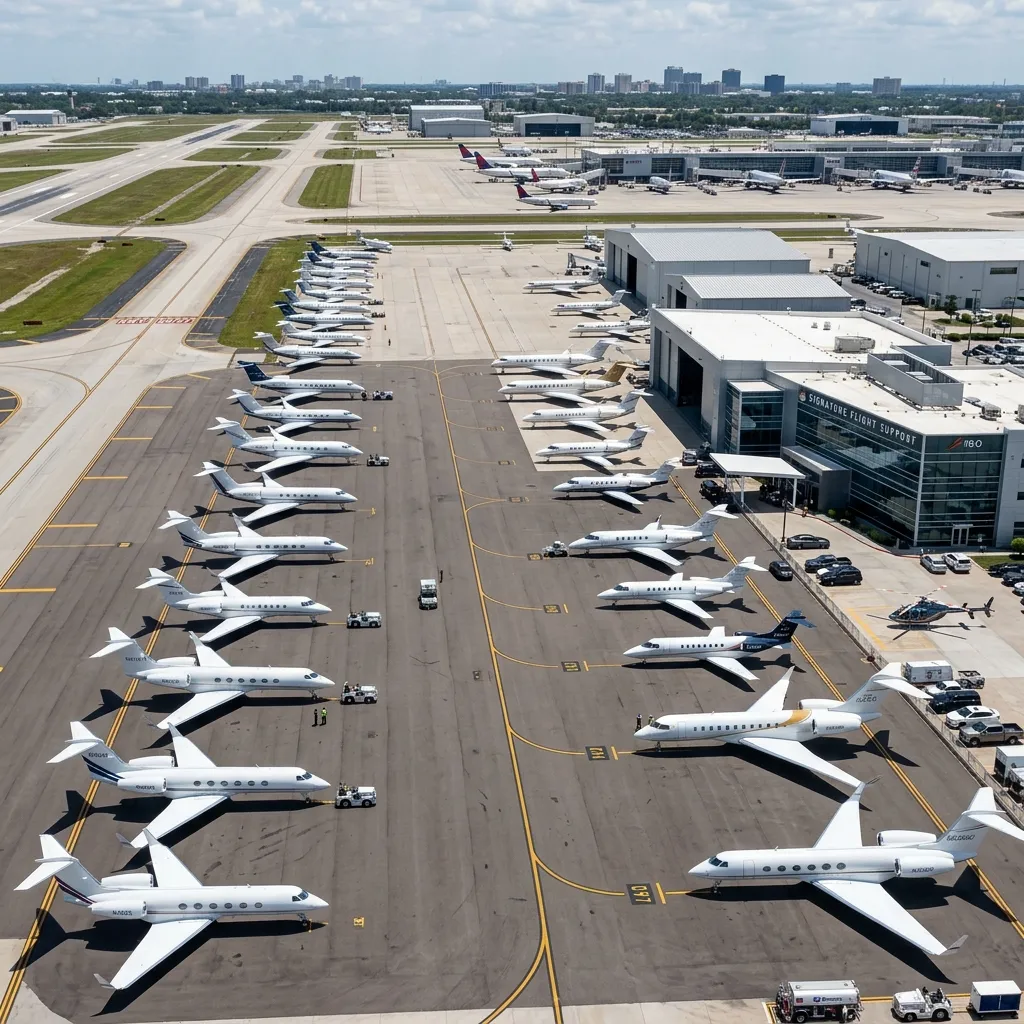 Aerial view of a major FBO ramp crowded with business jets of various sizes
