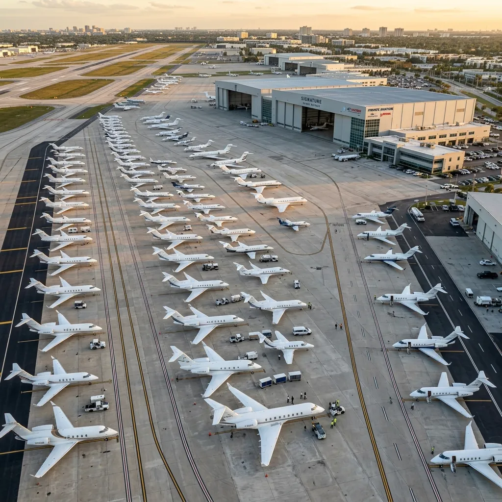 Aerial view of a busy private aviation ramp showing dozens of business jets parked at an FBO