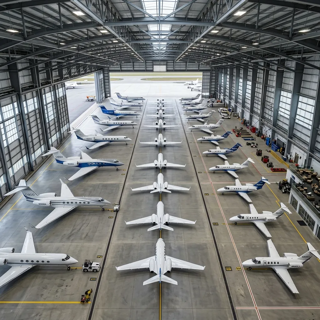 Rows of business jets parked in a hangar facility viewed from above
