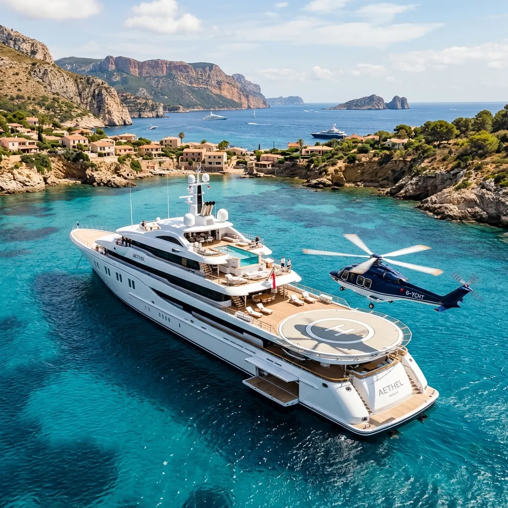Helicopter approaching a superyacht helipad in the Mediterranean with turquoise water below