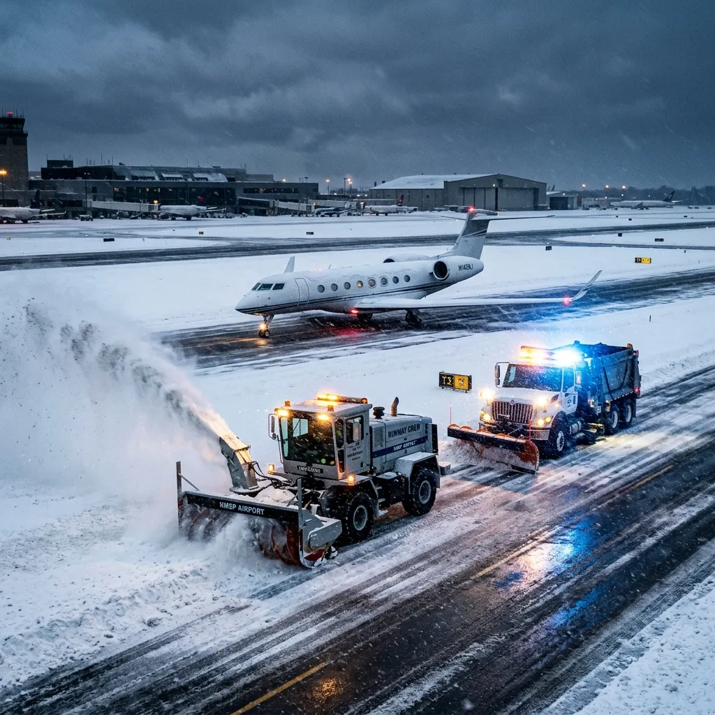 Airport runway with snow removal equipment clearing ice during winter operations