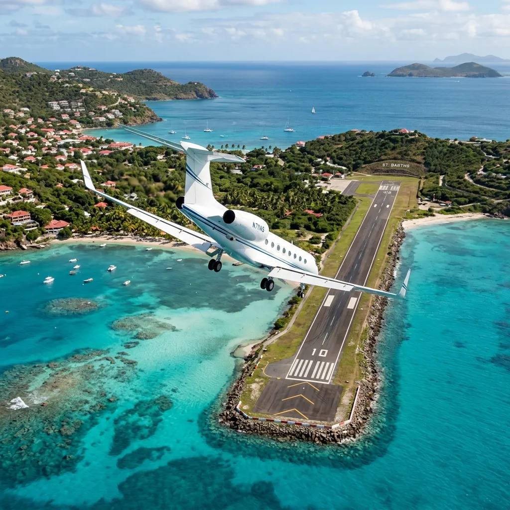 Business jet approaching short coastal runway with ocean visible on both sides