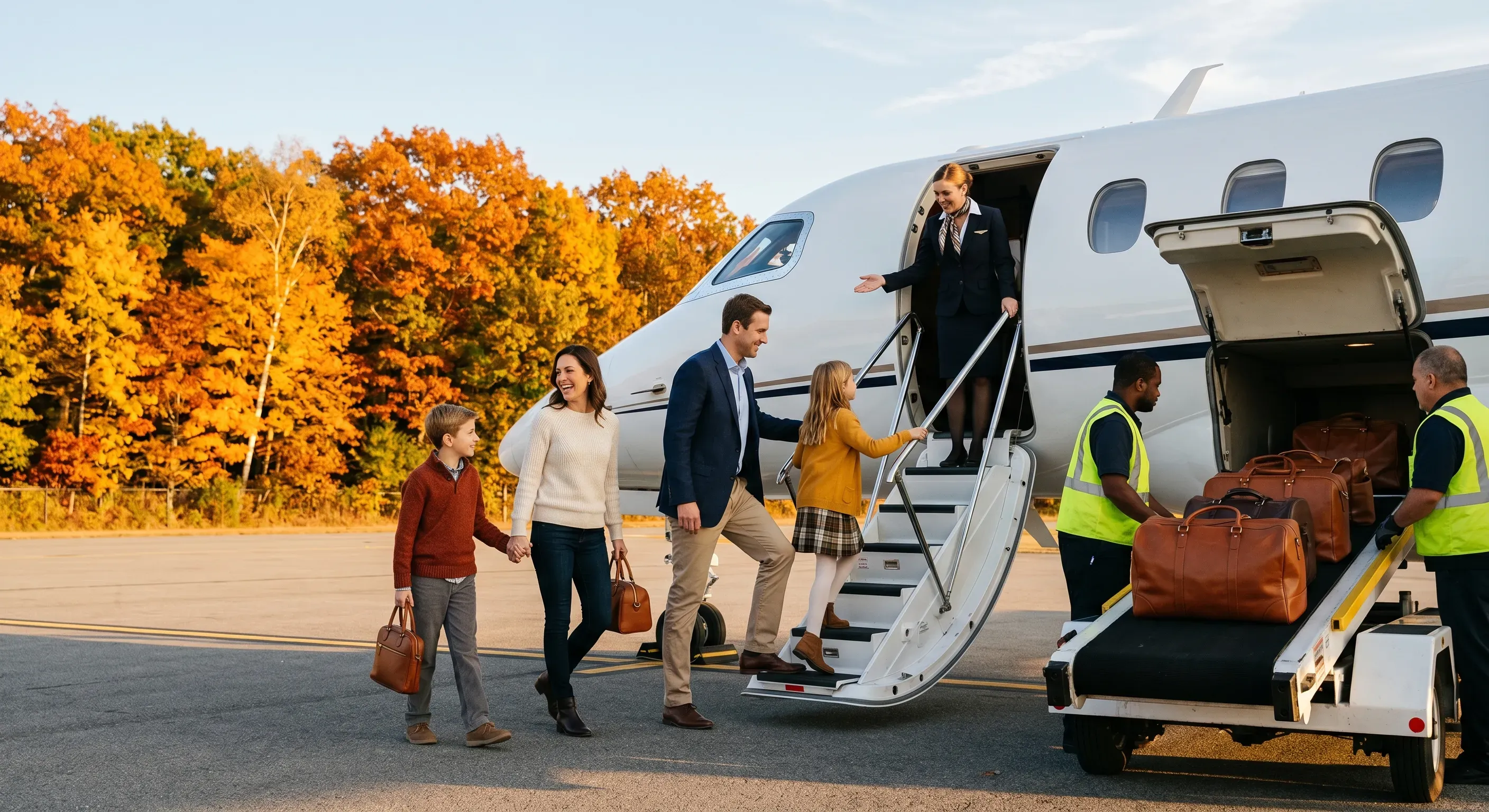 Family boarding a private jet on an autumn day with fall foliage visible in the background