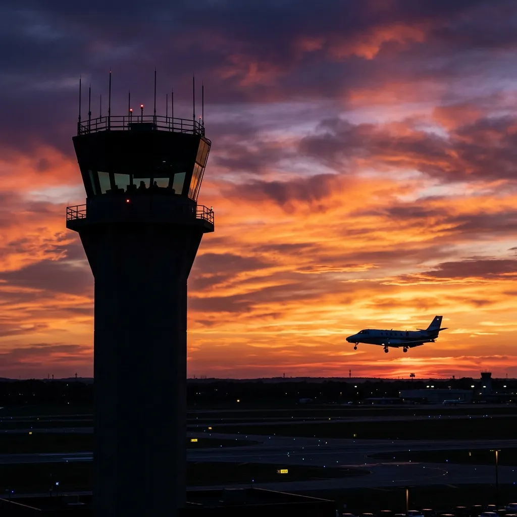 Airport control tower silhouetted against a sunset sky with a business jet on approach in the background