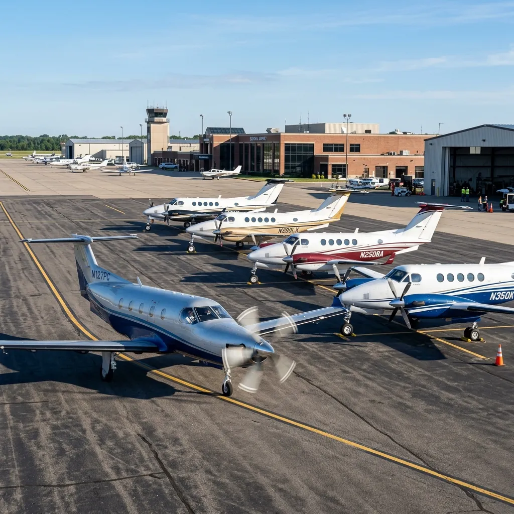 Pilatus PC-12 NGX taxiing past King Air 350s