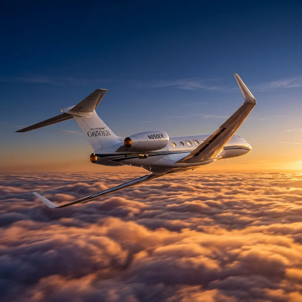 Gulfstream G650ER ultra-long-range business jet at high altitude above cloud layer during sunset