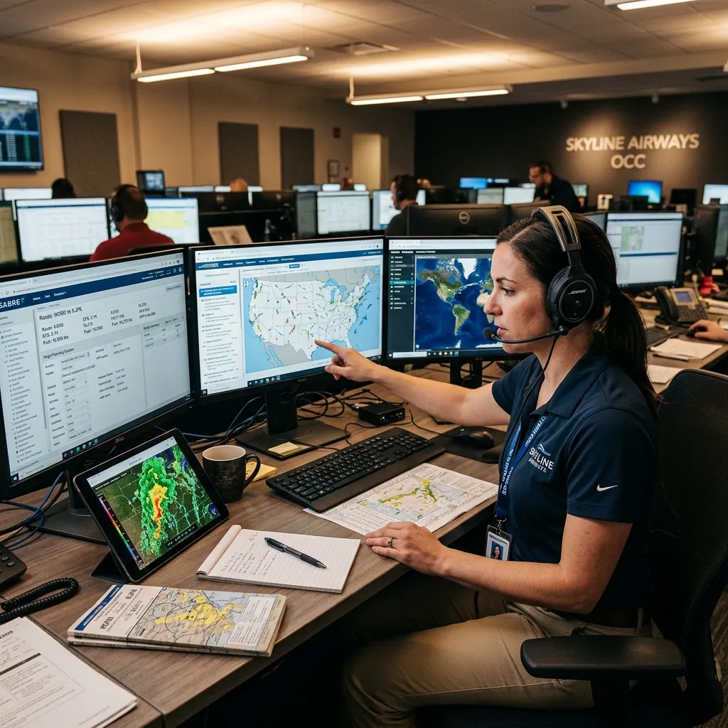 Aircraft dispatcher reviewing weather charts and flight plans at an operations desk with multiple monitors