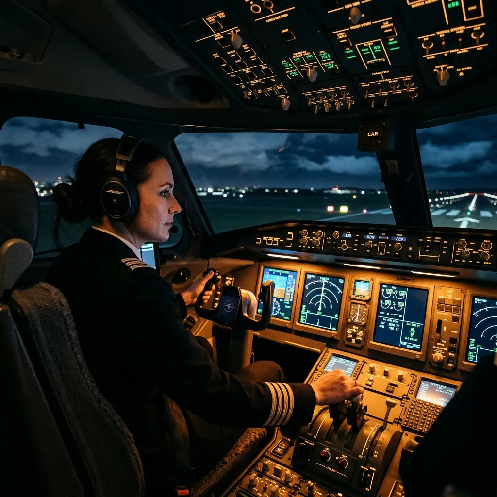 Two pilots in a full-motion flight simulator during a type rating training session
