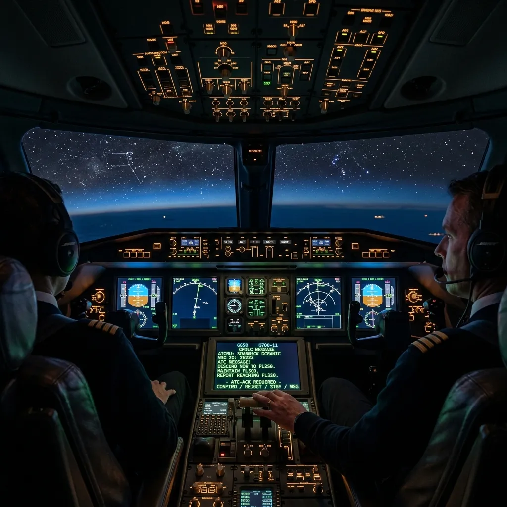 Business jet cockpit showing a CPDLC message screen on the avionics display during an oceanic crossing