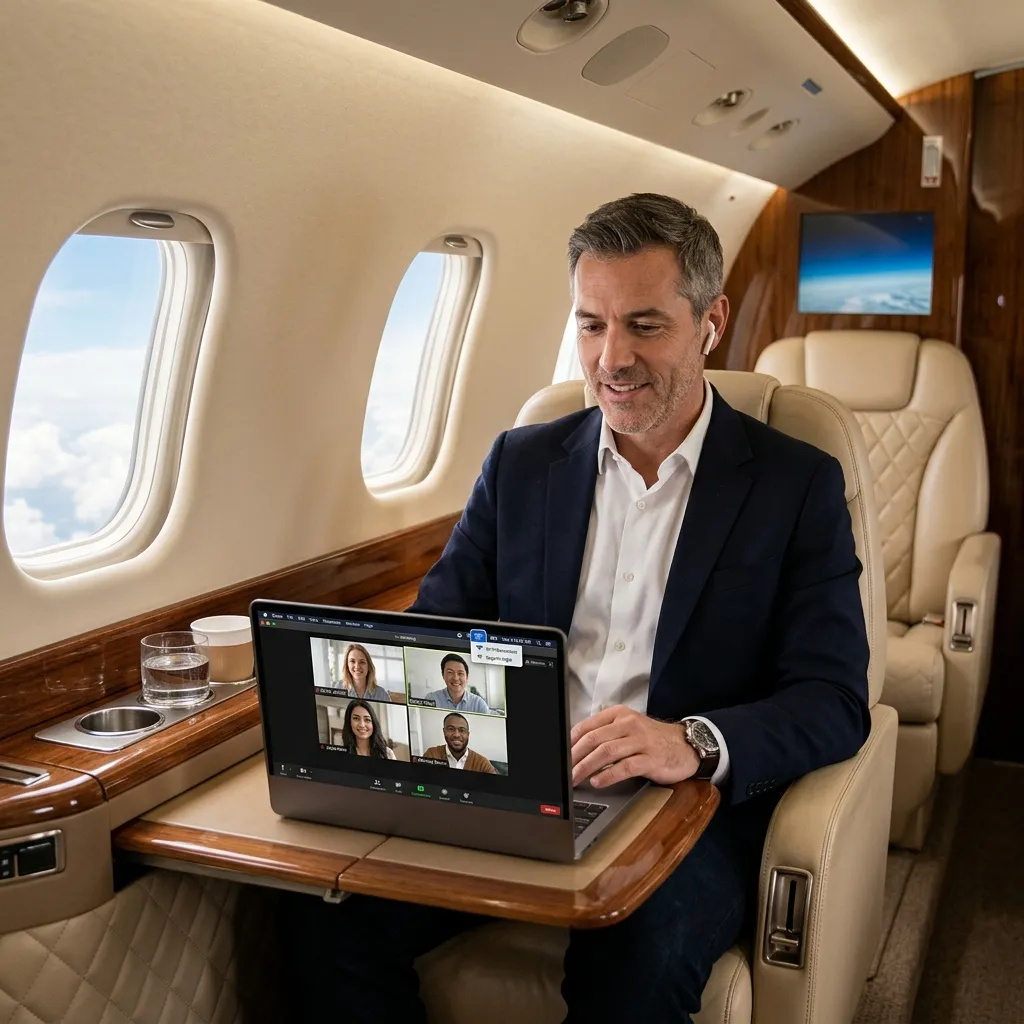 Passenger using laptop with in-flight Wi-Fi aboard a business jet cabin
