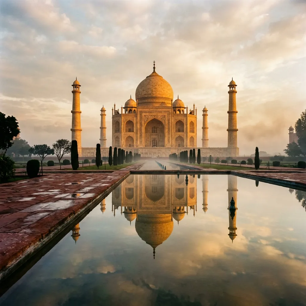 The Taj Mahal at dawn with golden light reflecting in the long pool