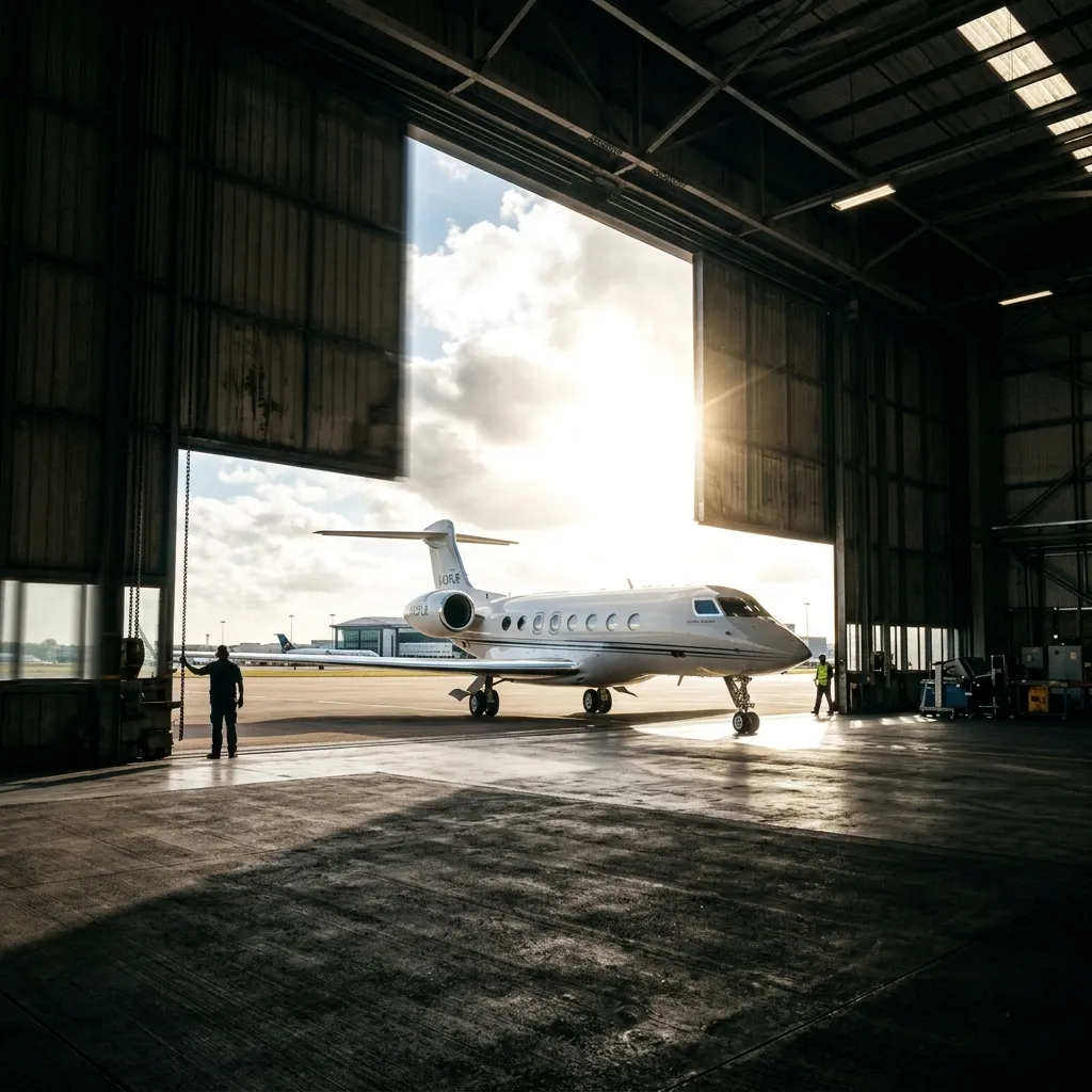 Private jet emerging from hangar with dramatic backlighting