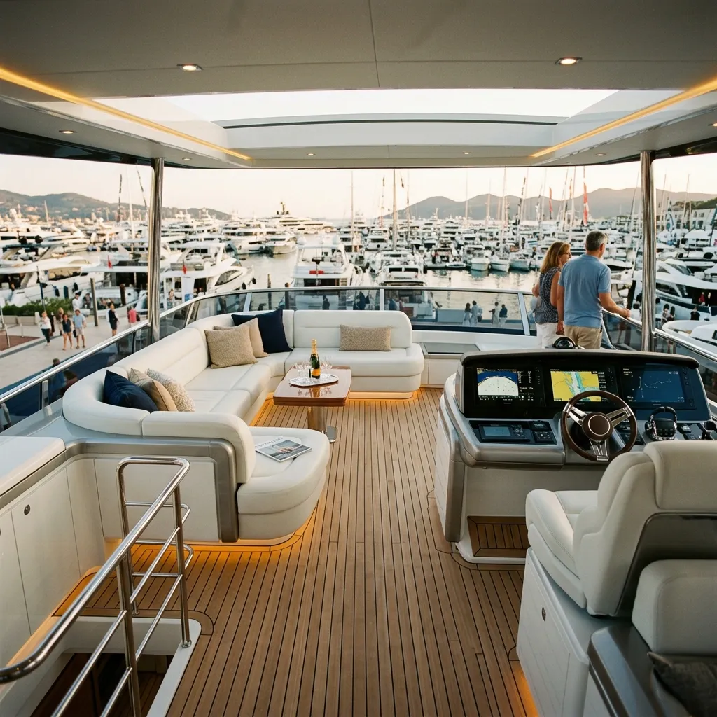 Interior flybridge of a luxury mega-yacht at boat show