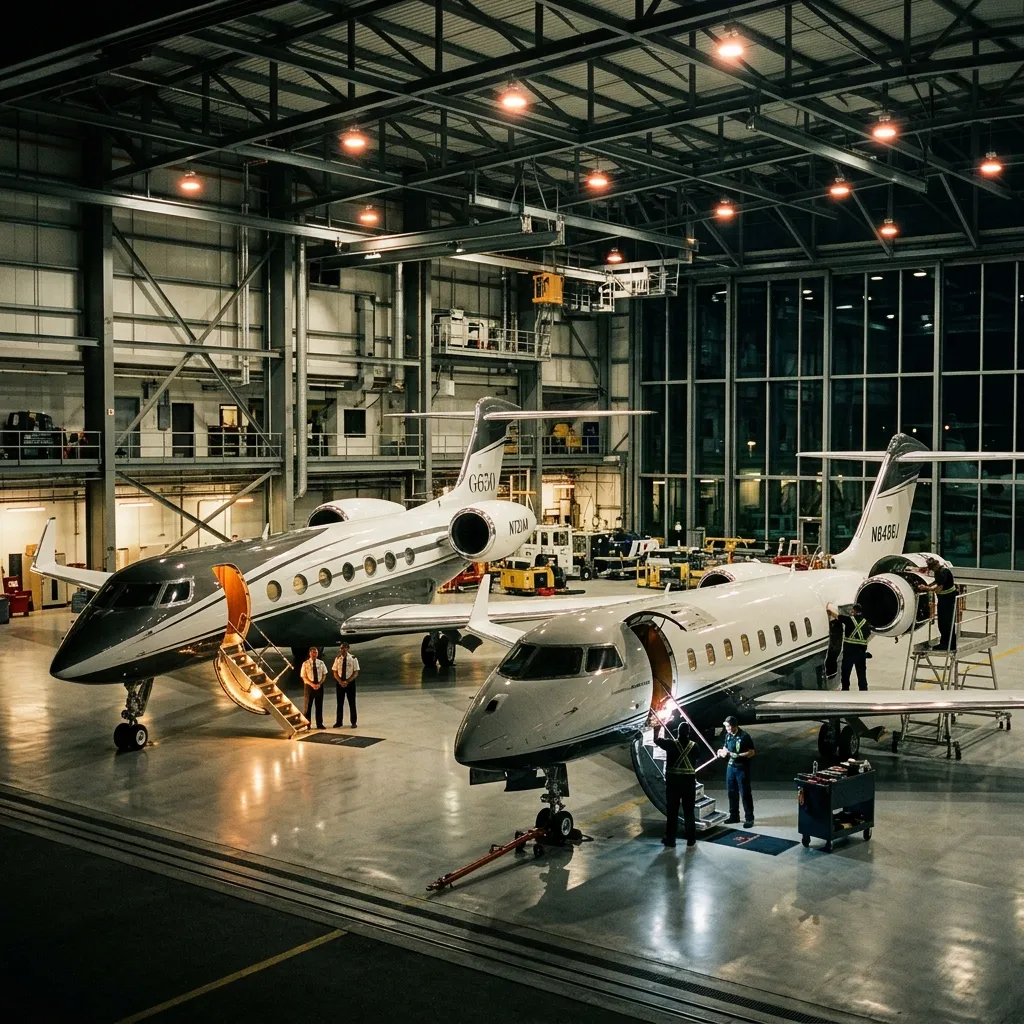 Two private jets in hangar representing Part 91 and Part 135 operations