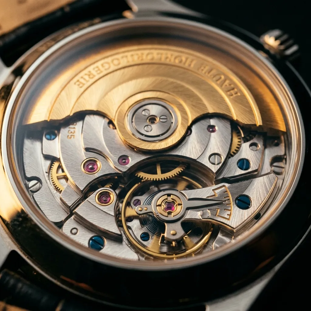 Luxury watch movement with Geneva stripes and gold rotor through sapphire caseback