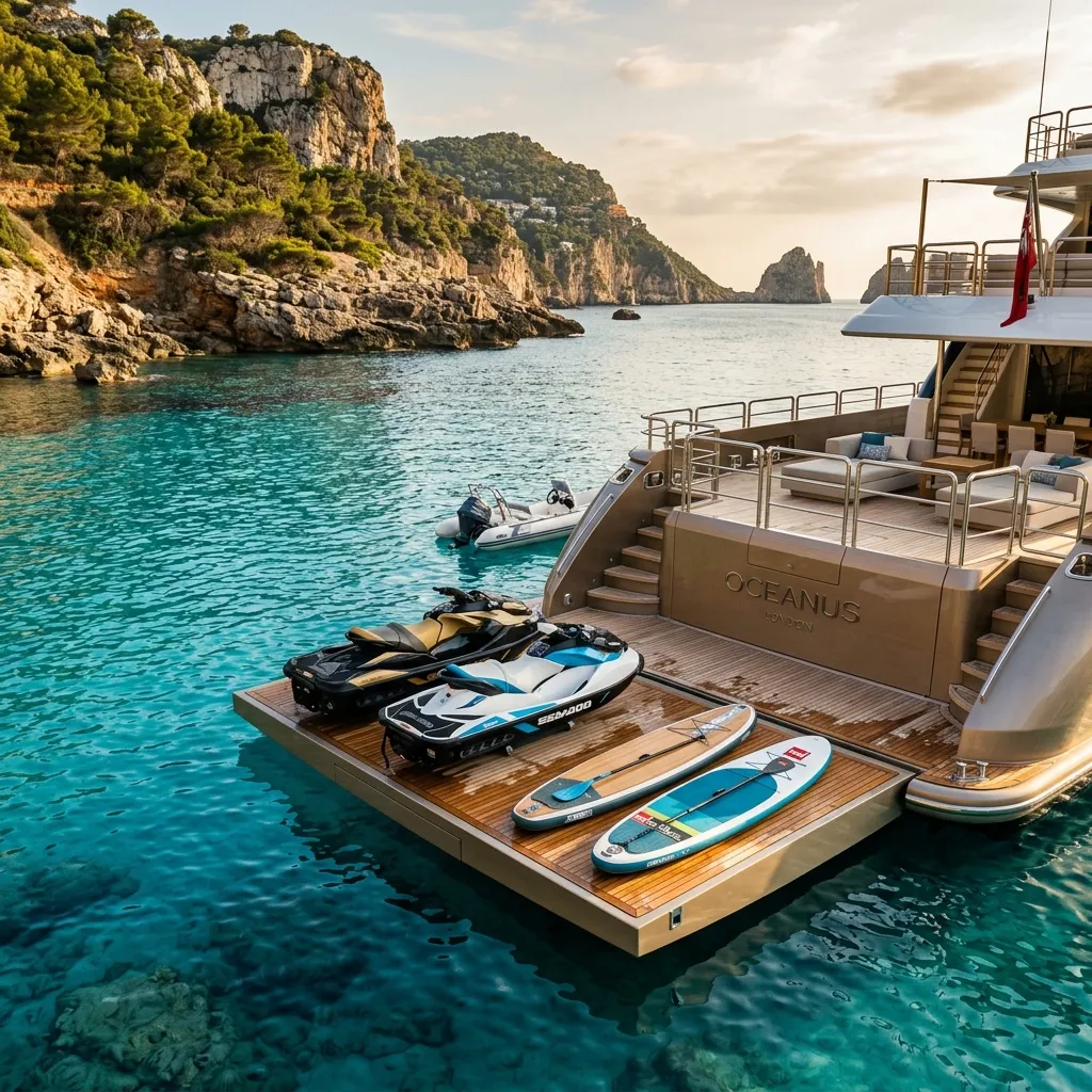 Luxury yacht marina platform lowered to turquoise Mediterranean water