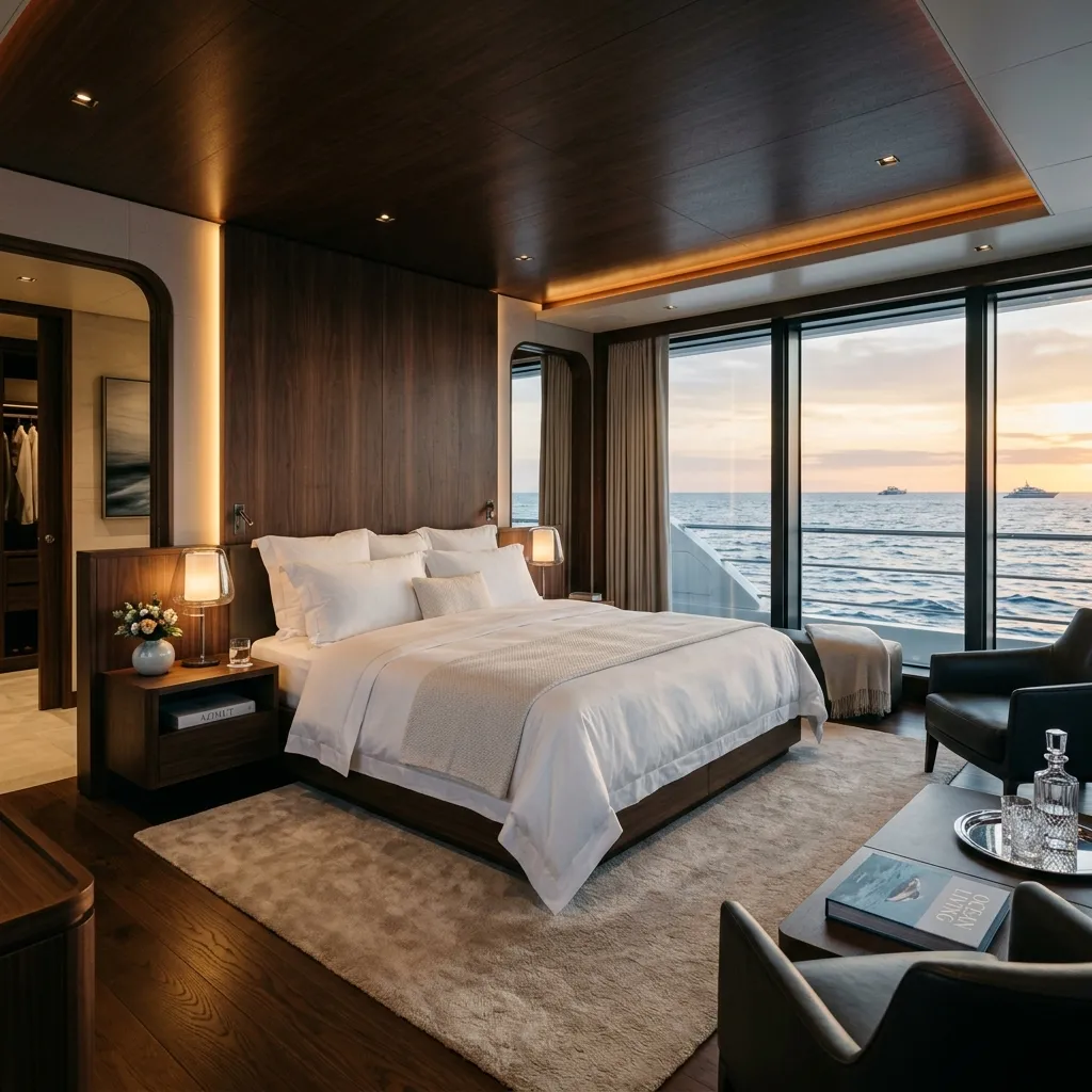 Luxury superyacht master suite with panoramic ocean views