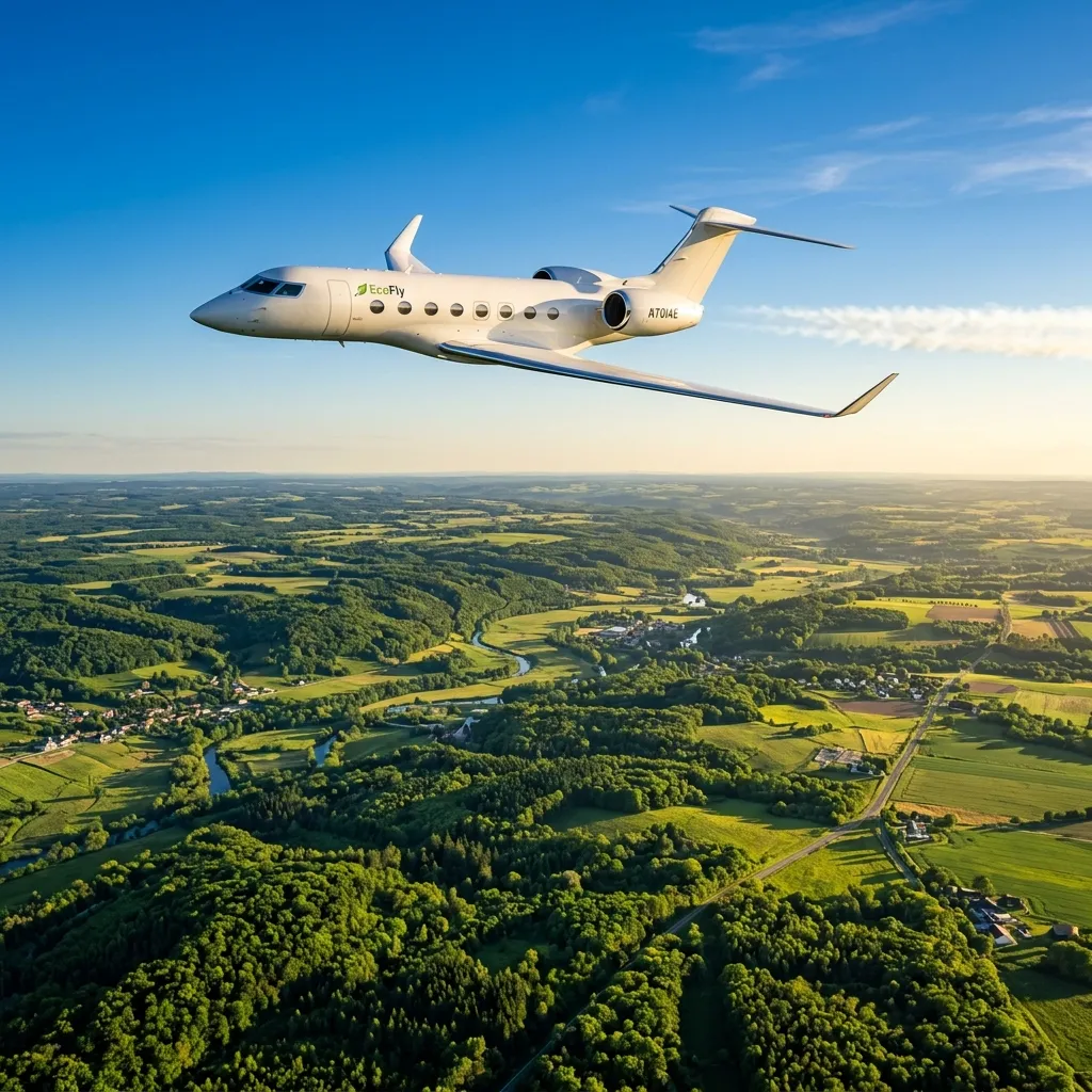 Jet over green landscape