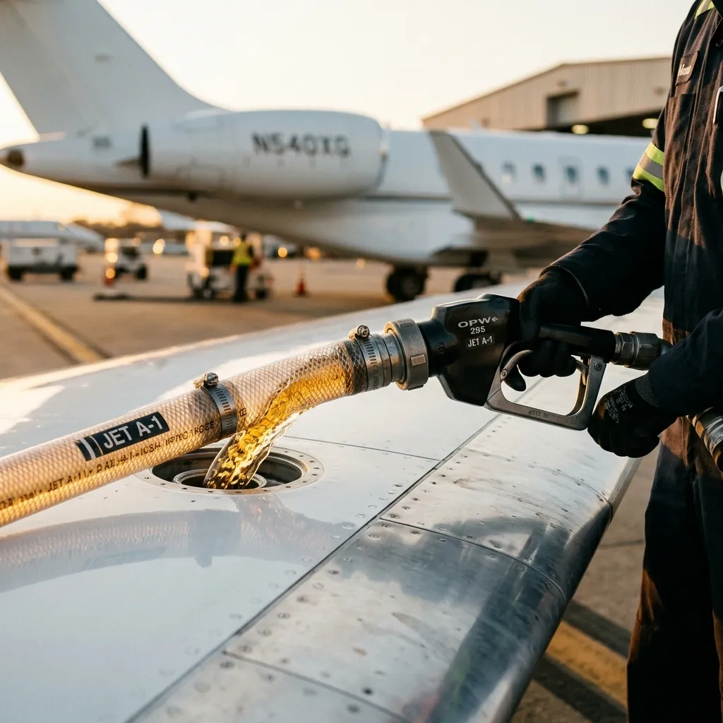 Jet fuel being pumped into private jet wing