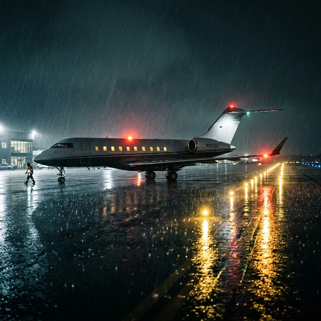 Private jet on rainy tarmac at night with runway lights
