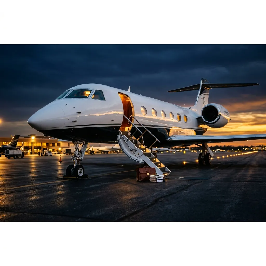 Private jet on tarmac at dusk